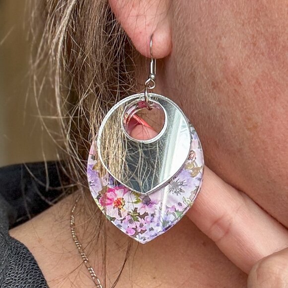 Layered Floral Acrylic Earrings – Mirrored Top Dangle Earrings – Statement - Picture 11 of 11